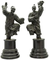 A PAIR OF JAPANESE BRONZE FIGURES OF NOH ACTORS  LATE MEIJI PERIOD raised on associated hardwood