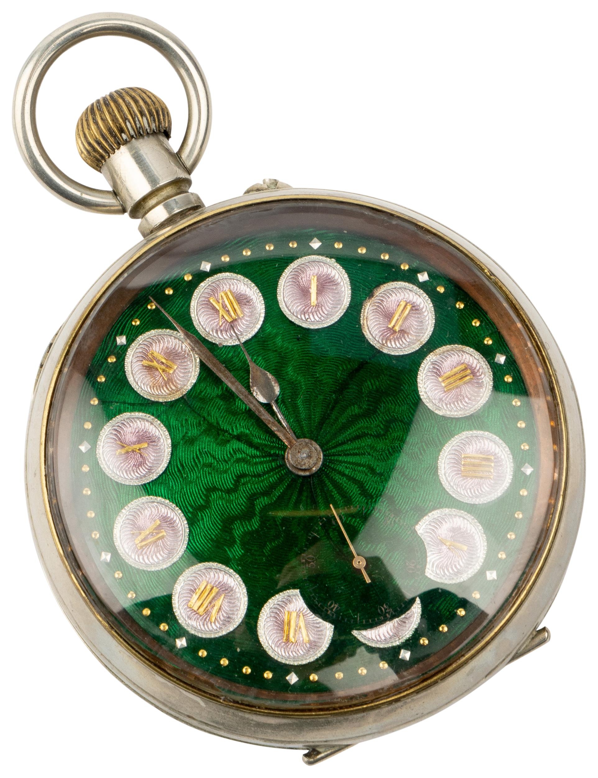 A NICKEL GOLIATH WATCH. Swiss lever escapement, green translucent enamel dial over engine turning - Image 2 of 2