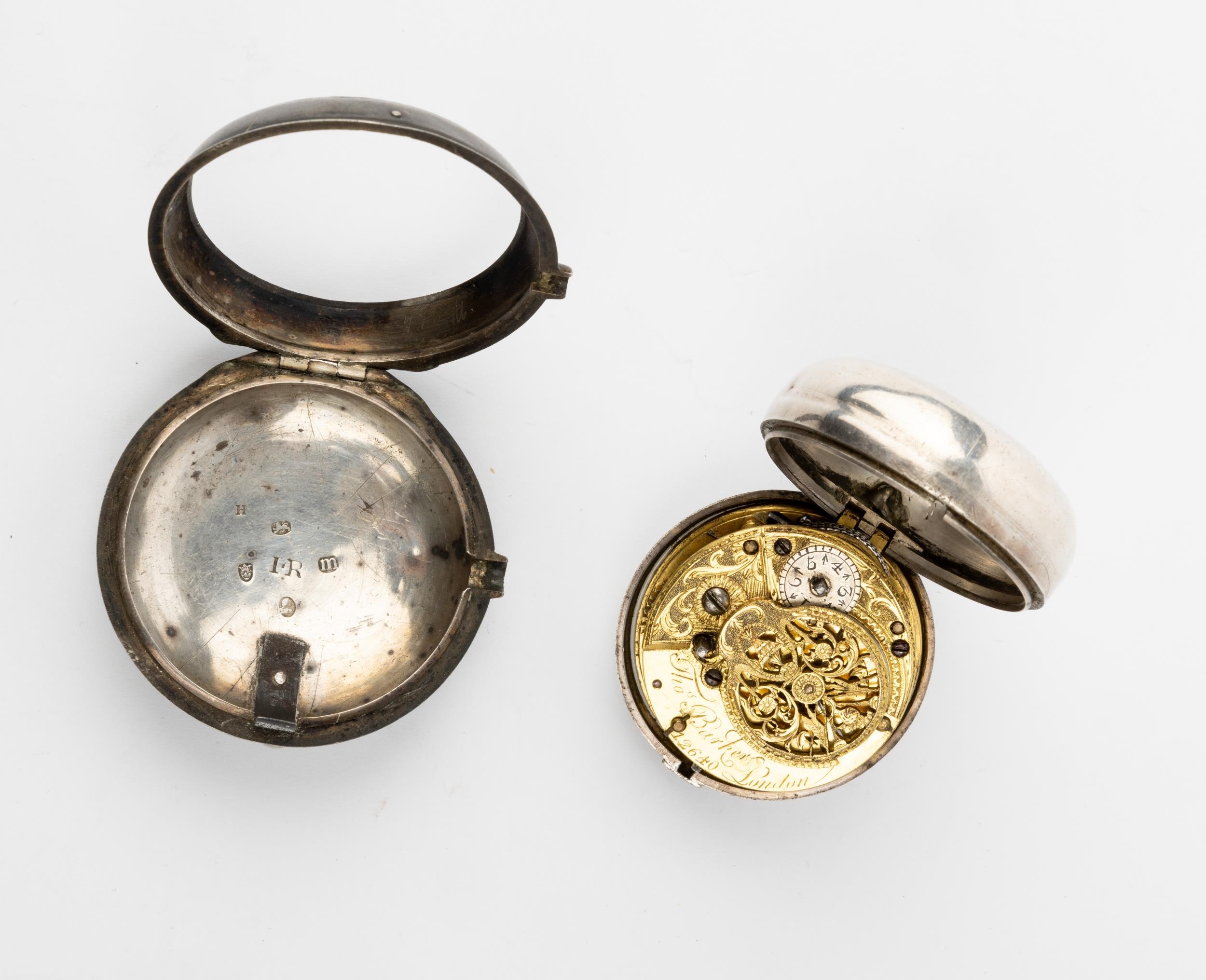 A SILVER PAIR CASED VERGE WATCH. Signed Thos Barker, London, No 12640, beetle and poker hands, - Image 3 of 3