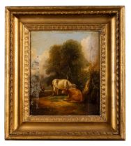 ENGLISH SCHOOL (19TH CENTURY) 'FIGURES AND CATTLE ON A WOODLAND PATH' oil on copper 30cm x 35cm