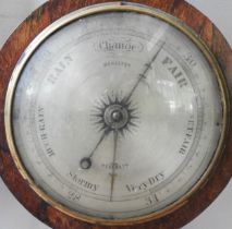 TWO 19TH CENTURY BANJO FORM WALL BAROMETERS, the first a rosewood 'onion top' example with a