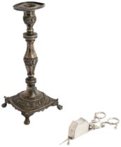 A PORTUGUESE CANDLE STICK, LISBON C. 1860 Together with a pair of Portuguese scissor action candle