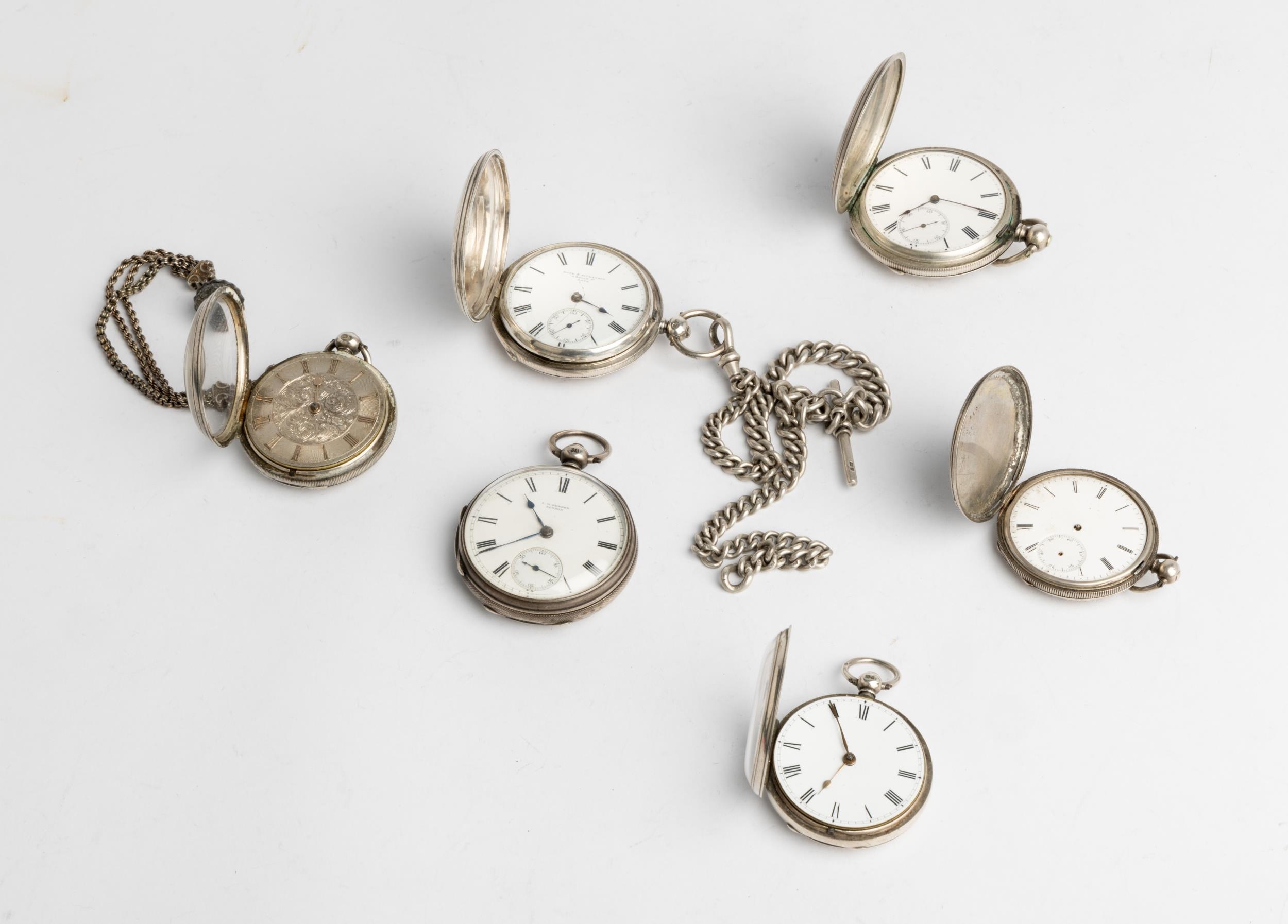 SIX VARIOUS SILVER WATCHES. 3 hunting cased, 3 open faced and 2 chains. (6) - Image 2 of 3