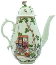 AN ENGLISH CHINOSERIE COFFEE POT CIRCA 1770 The baluster form body with moulded spout, decorated