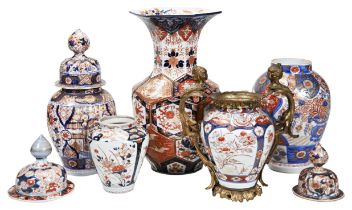 A GROUP OF FOUR JAPANESE IMARI JARS EDO / MEIJI PERIOD one with gilt bronze mounts, largest 42cm