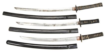 A JAPANESE KATANA WITH AN IRON TSUBA AND TWO OTHERS, all with losses and in need of restoration.