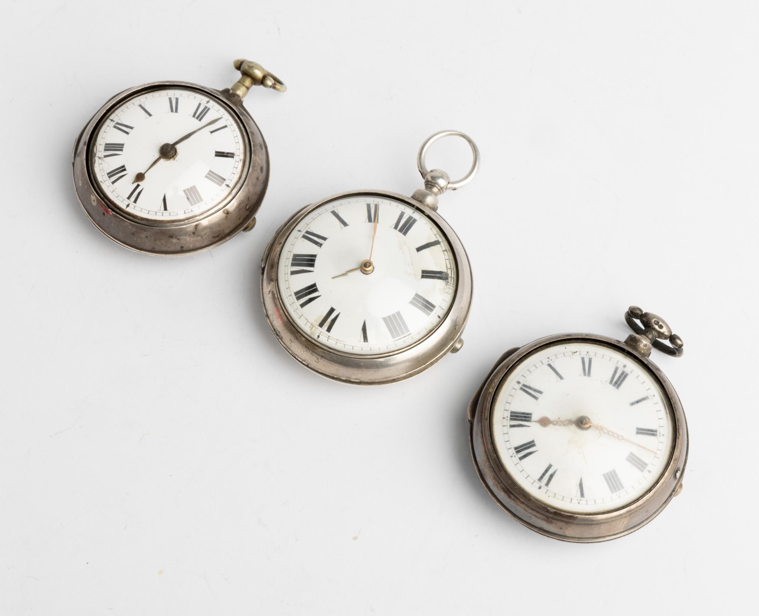 THREE SILVER PAIR CASED VERGE WATCHES. 1st signed Legrave, London, No 348, dust cap, cases plain, - Image 2 of 5