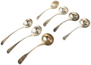 SEVEN GEORGIAN SAUCE LADLES, LONDON 1770-1810 385 g.