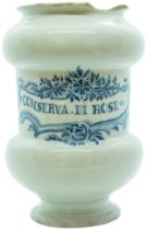 A DELFT PHARMACY JAR DATED 1765 DATED 1765 Painted in underglaze blue 'Conserva di rose' within a