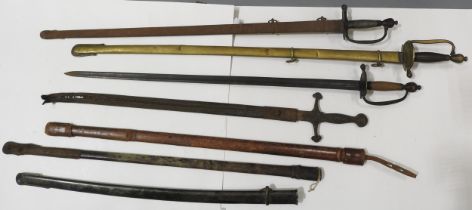 A GEORGE III OFFICERS SWORD AND TWO OTHERS, another sword and three scabbards. Various conditions.