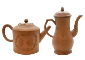 A REDWARE COFFEE POT 18TH CENTURY In the Manner of Eler Brothers, decorated with applied floral