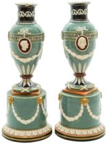 A PAIR OF WEDGWOOD VICTORIA WARE VASES CIRCA 1880 The Neoclassical urns, raised on round bases, 19.