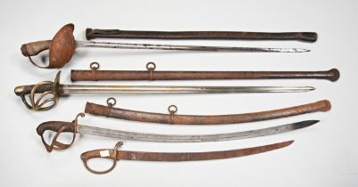 A 19TH CENTURY NAVAL CUTLASS AND THREE OTHER SWORDS. All degraded.