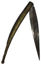A 19TH CENTURY SPANISH NAVAJA OR FOLDING KNIFE WITH BRASS GRIP. 20 cms folded.