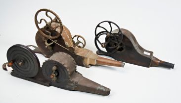 A VICTORIAN MECHANICAL BELLOWS, in brass, copper and wood and two others similar. 59 cms max