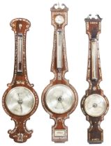 A GROUP OF THREE VICTORIAN ROSEWOOD AND MOTHER OF PEARL INLAID WHEEL BAROMETERS 19TH CENTURY dials