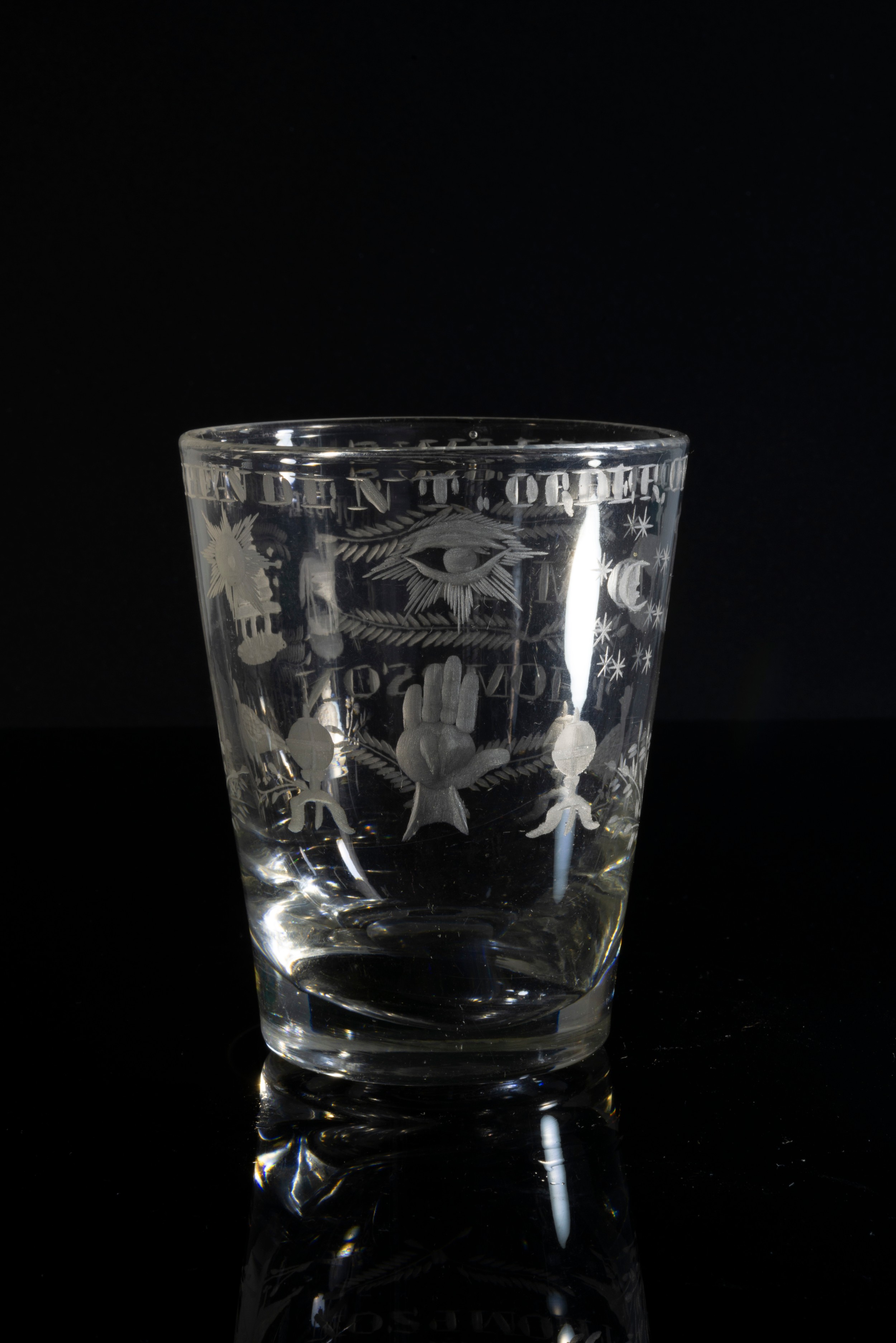 AN ODDFELLOWS TUMBLER CIRCA 1820 Dedicated to 'M A THOMPSON' and engraved with various symbols - Image 3 of 4