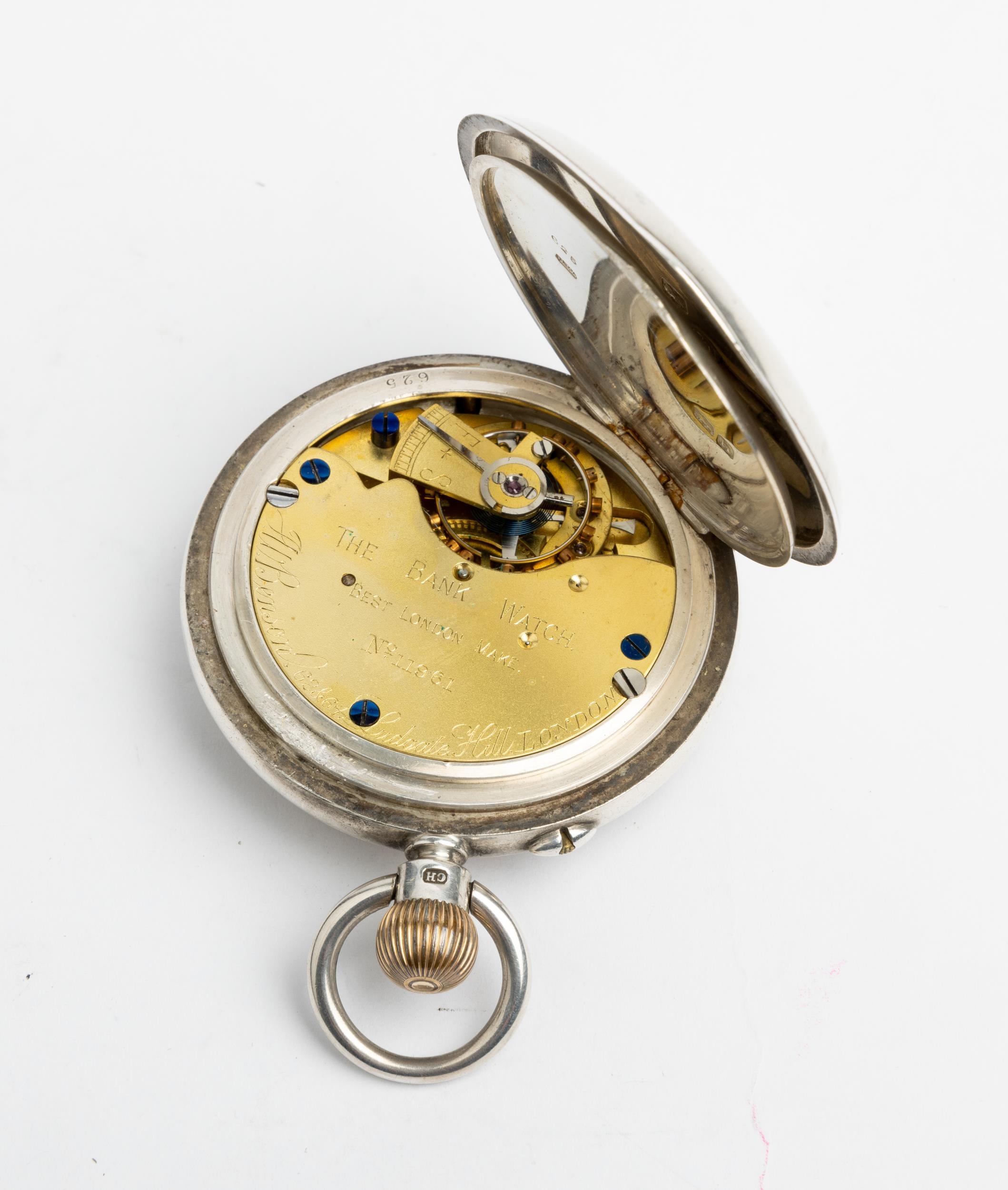 A SILVER HALF HUNTING CASED KEYLESS LEVEL WATCH. Signed J.W.Benson, Ludgate Hill, London, No.11961, - Image 4 of 4