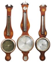A GROUP OF FIVE MAHOGANY AND INLAID WHEEL BAROMETERS 19TH CENTURY various makers 98cm - 100cm