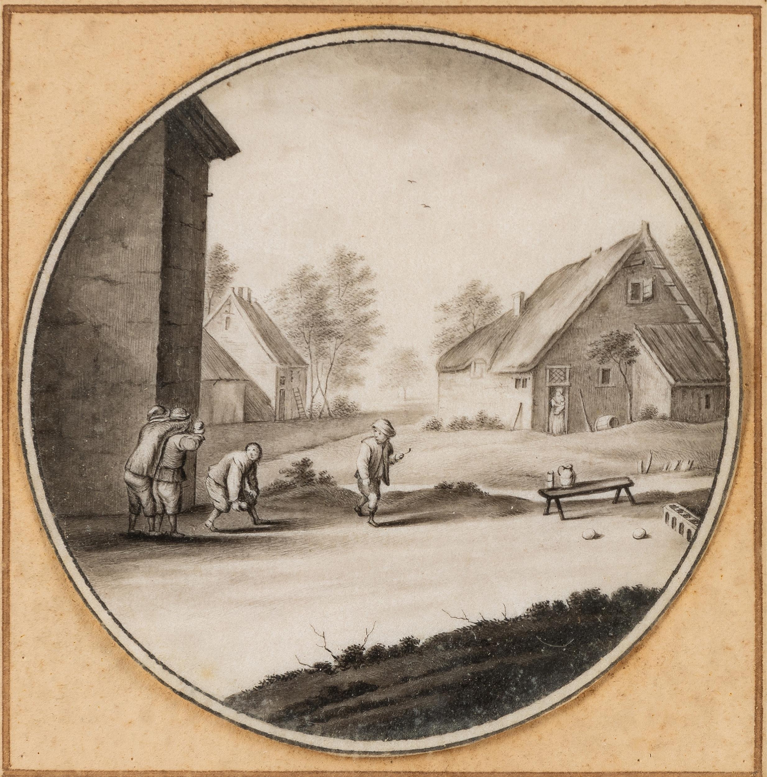 DUTCH SCHOOL (18TH CENTURY) MEN PLAYING SKITTLES IN A VILLAGE pen and ink on vellum 8cm diam - Image 2 of 3