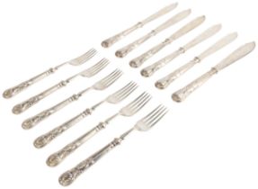 SIX PAIRS OF GEORGE V FISH KNIVES AND FORKS, BIRMINGHAM 1921 With silver blades and tines, by