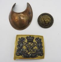 A GEORGE III GORGET WITH GR CIPHER UNDER A CROWN , a Victorian military belt buckle with with a VR