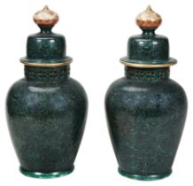 A PAIR OF JAPANESE KUTANI COVERED JARS MEIJI PERIOD (1868-1912) with reticulated necks 43cm high