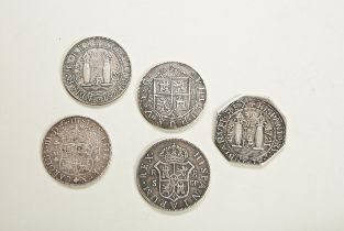 A ‘PHILIP V’ 8 REALES BULLION COIN, ANOTHER, AN OCTAGONAL EXAMPLE and a ‘Charles III’ 8 reales