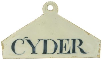 AN ENGLISH DELFTWARE BIN LABEL; 'CYDER' MID 18TH CENTURY of 'coathanger' form, painted 'CYDER' in