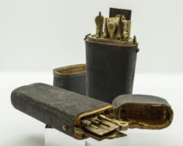 A GEORGE III DRAWING SET IN A FISHSKIN CASE and another similar, lacking some items and in need of