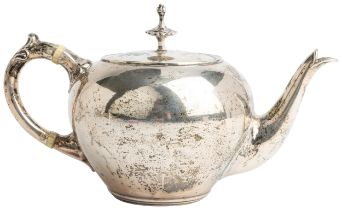 A SMALL SPHERICAL DUTCH TEAPOT, C. 1860 With a silver handle and detachable finial. 18 cm. 246 g.
