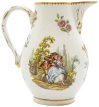 A MEISSEN JUG 19TH CENTURY, Decorated with figures in a landscape and floral sprigs, 14cms high.