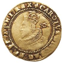 A CHARLES I GOLD UNITE, first bust of King facing left with value XX (Twenty Shillings) reverse with