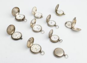 SEVEN HUNTING CASED ENGLISH SILVER WATCHES; a Swiss silver hunter with shooting and racing scenes;