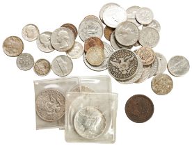 A 1964 KENNEDY ‘SILVER’ HALF DOLLAR, TWO OTHERS, an 1851 I Cent and other assorted American coinage.