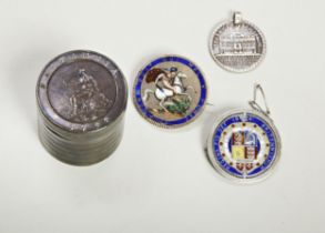 A GEORGE III ENAMELLED FIVE SHILLING PIECE, , a Victorian Enamelled Jubilee Head Half Crown, A