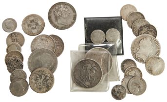 A GEORGE III CROWN/FIVE SHILLING PIECE, 1819, another, 1820, two GIIII Crowns and various other