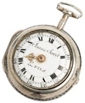A SWISS SILVER PAIR CASED VERGE WATCH OF SMALLSIZE. Signed outer white enamel dial Isaac Soret &