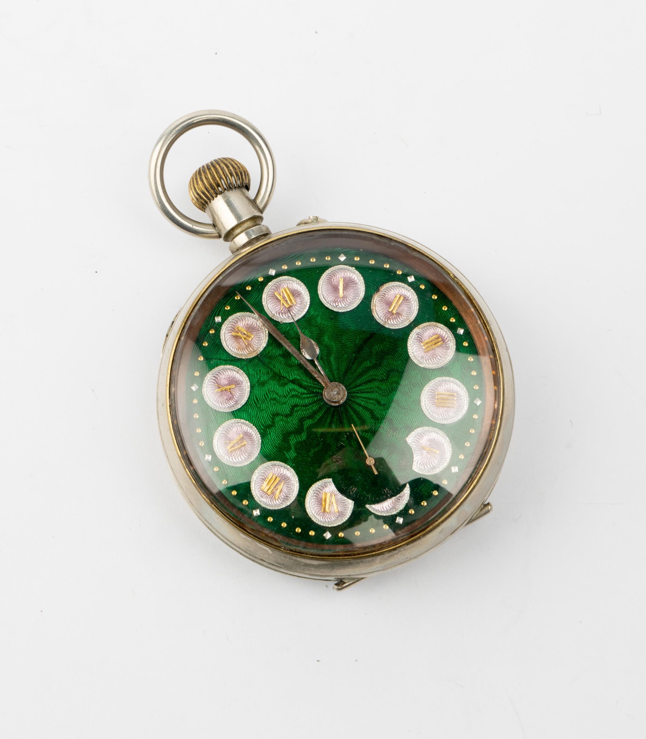 A NICKEL GOLIATH WATCH. Swiss lever escapement, green translucent enamel dial over engine turning