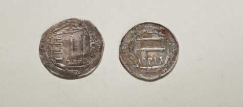 AN IRANIAN SILVER DIRHAM C8TH CENTURY AND ANOTHER. 2.4 cms max