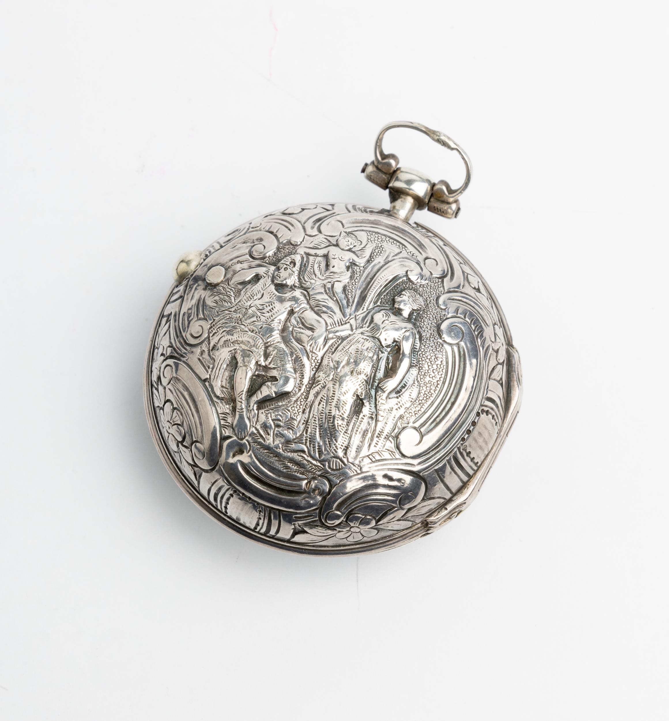 A SILVER REPOUSSE PAIR CASED VERGE WATCH. Signed Stoakes, London, No 29291, square baluster pillars, - Image 2 of 2