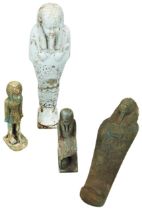 A REPLICA EGYPTIAN USHABTI FIGURE. Another and two replica faience figurines. 19cms