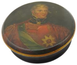 A VICTORIAN CIRCULAR PAPIER MACHE BOX  the lid decorated with a portrait of the Duke of