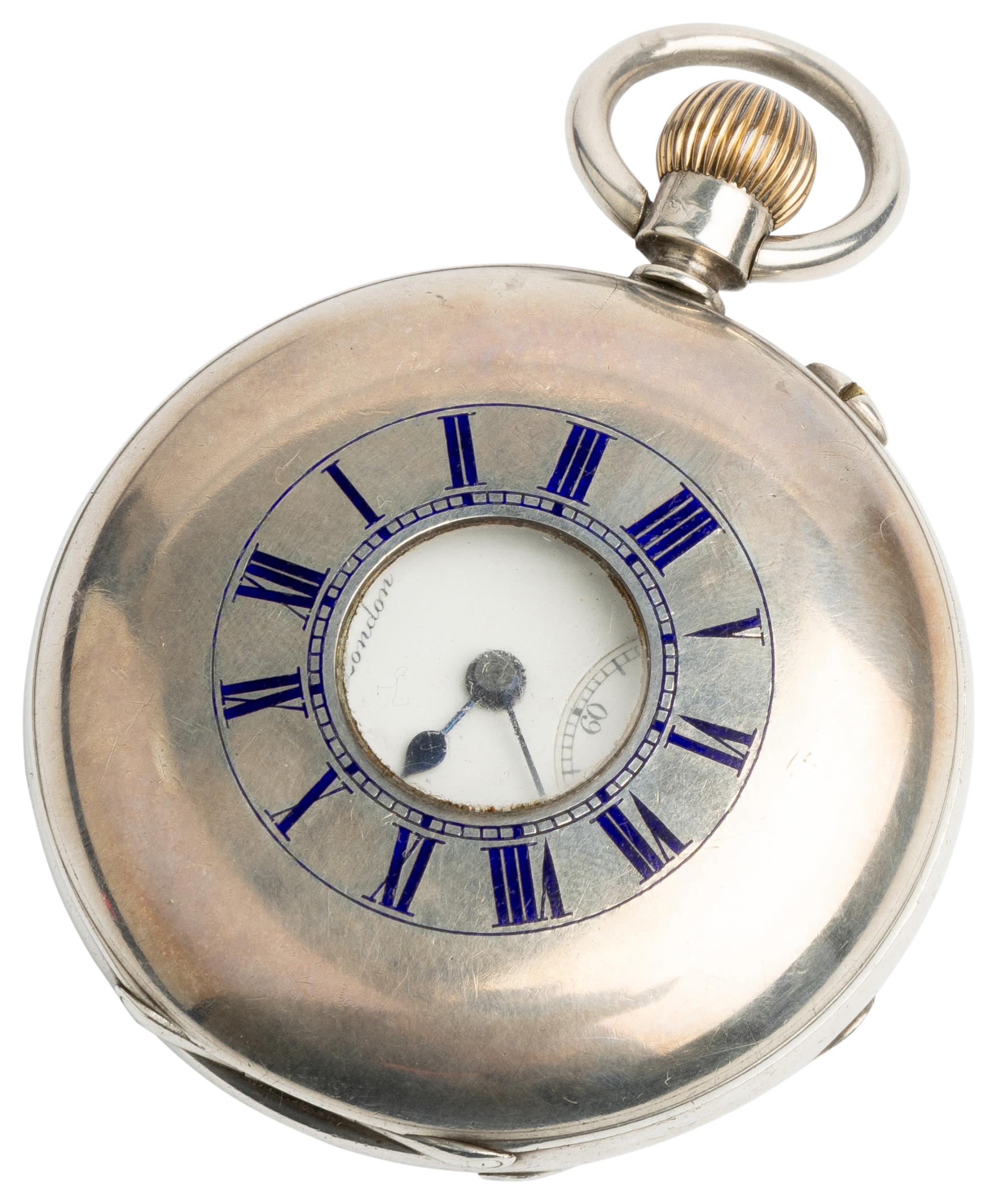 A SILVER HALF HUNTING CASED KEYLESS LEVEL WATCH. Signed J.W.Benson, Ludgate Hill, London, No.11961,