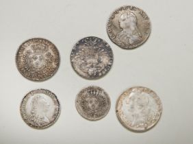 A LOUIS XV SILVER ECU COIN 1726, ANOTHER, ONE FOR 1765, A Maria Theresa crown, a Frederich II