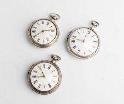 THREE SILVER PAIR CASED VERGE WATCHES. 1st signed Bannister, London, No 35722, both cases plain,