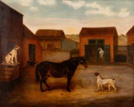 ENGLISH NAIVE SCHOOL (19TH CENTURY) 'HORSE AND DOGS IN A STABLE YARD' oil on canvas 70cm x 87cm