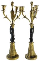 A pair of regency ormolu & painted bronze 3 light candelabra - circa 1810, (H: 52cm) Acquired -