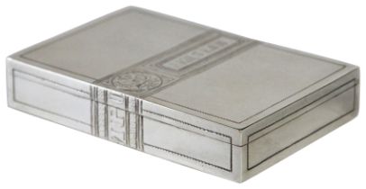A Silver rectangular tobacco box with gilt lined interior. Weight 216 grams. Makers Mark - F.A
