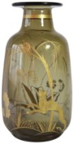 A superb Daum & Nancy French art deco amber tinted vase depicting big cats and monkeys amongst